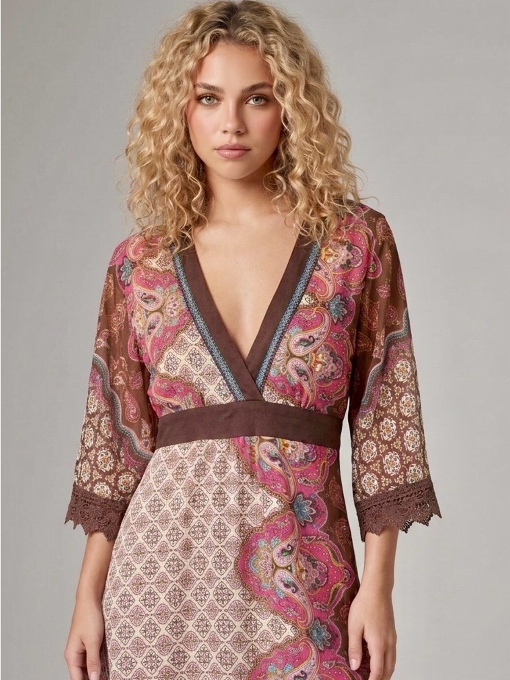 Flying Tomato Paisley Boho V-Neck Mini Dress S Pink Brown Crochet Trim